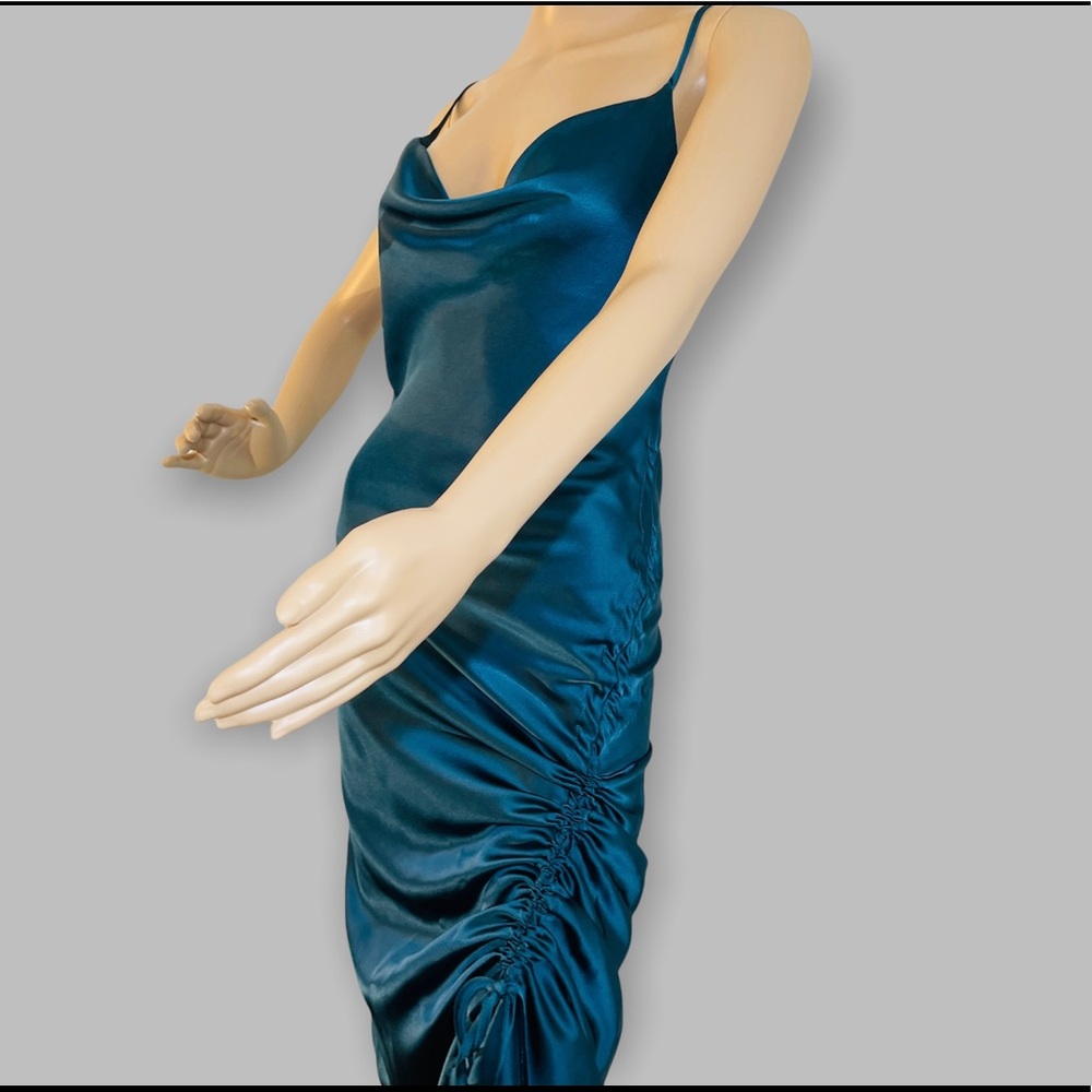 Sexy Split Ruched Women’s Navy Blue Satin Body Dress New